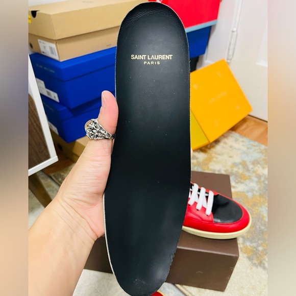 EUC Men Size 10 Saint Laurent SL/10H Contrast-Stripe High Top Sneakers Red/White - Picture 11 of 14